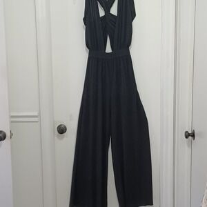 Rachel Zoe Womens Black Wideleg Jumpsuit Open Front Criss Cross Back Sz 4 Rt$595